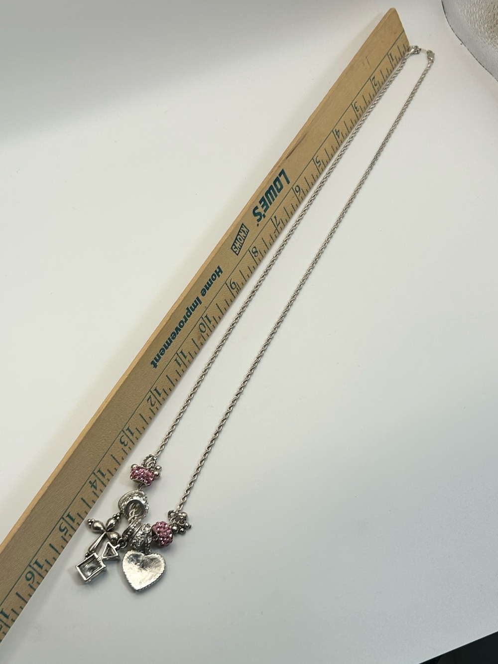 Sparkling Pink Crystals Charm Necklace Silver-tone Cross 30" Unsigned - Picture 11 of 13